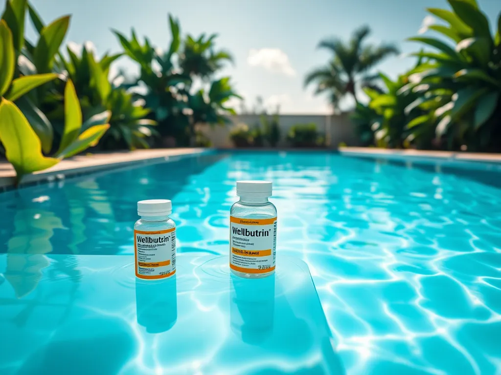 Wellbutrin bottles placed beside a swimming pool, discussing potential reactions with chlorine.