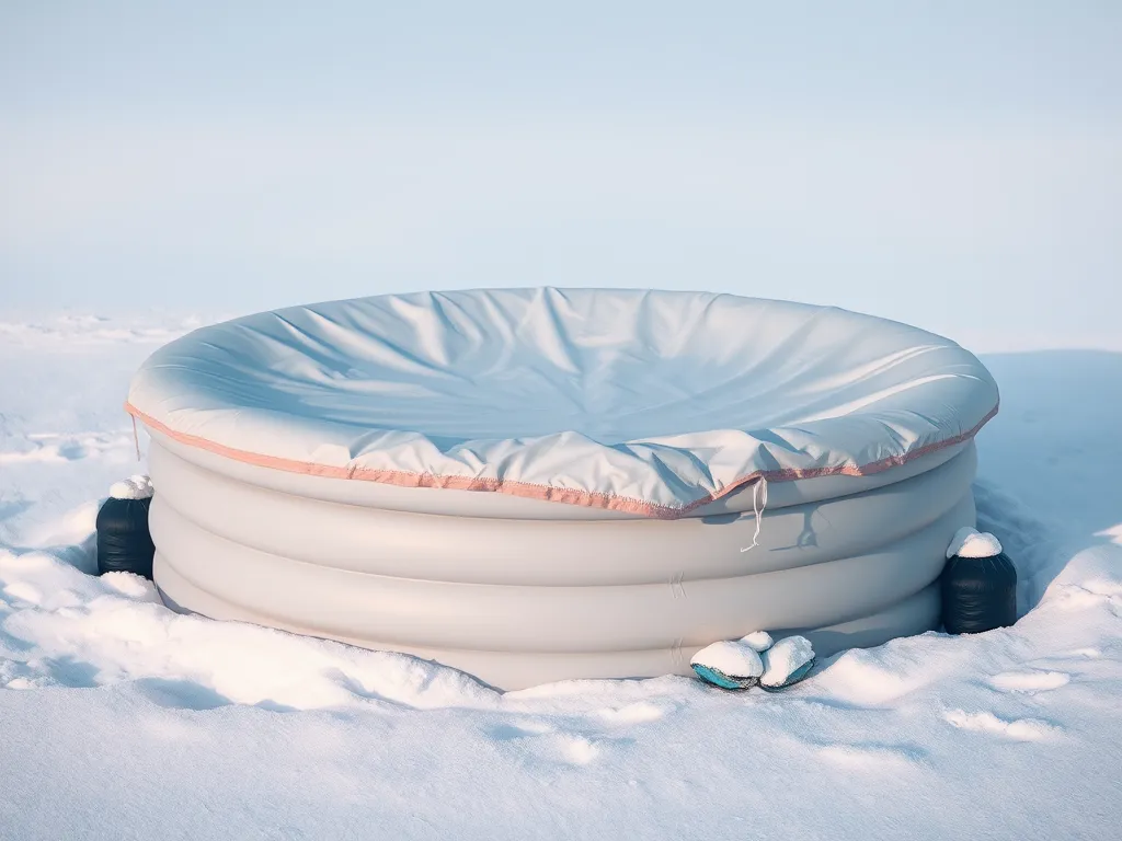 Inflatable pool covered in snow, raising questions about emptying pools in winter and leaving Intex pools up.