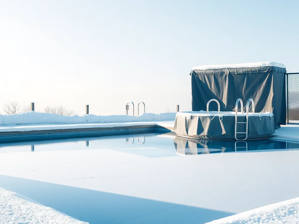 Frozen swimming pool in winter showcasing cost-saving potential.