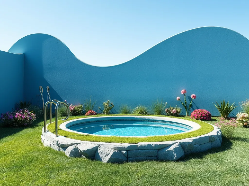 Circular pool with a blue winter cover surrounded by a garden, illustrating the benefits of using a pool pillow for winter.