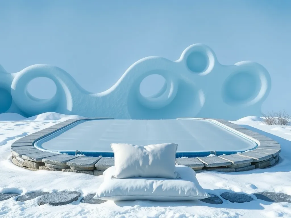 Winter pool cover with a pool pillow in snowy landscape, emphasizing the need for winter protection.