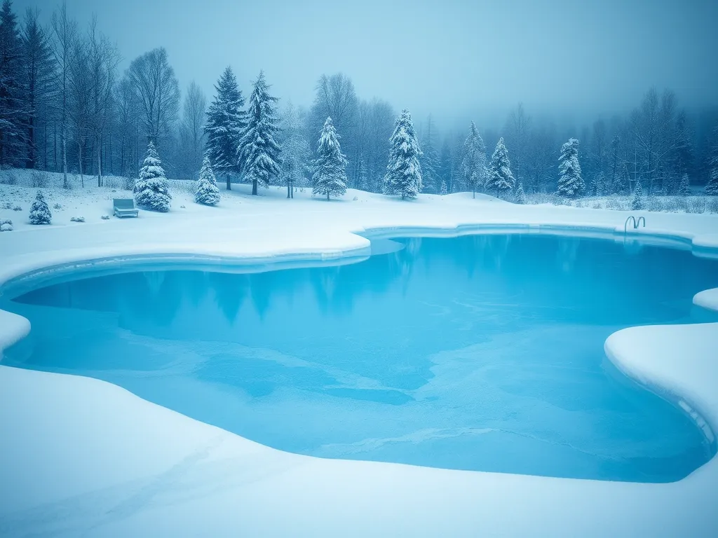 A winterized pool showing snowfall, relevant to how long pool pump should run in winter.