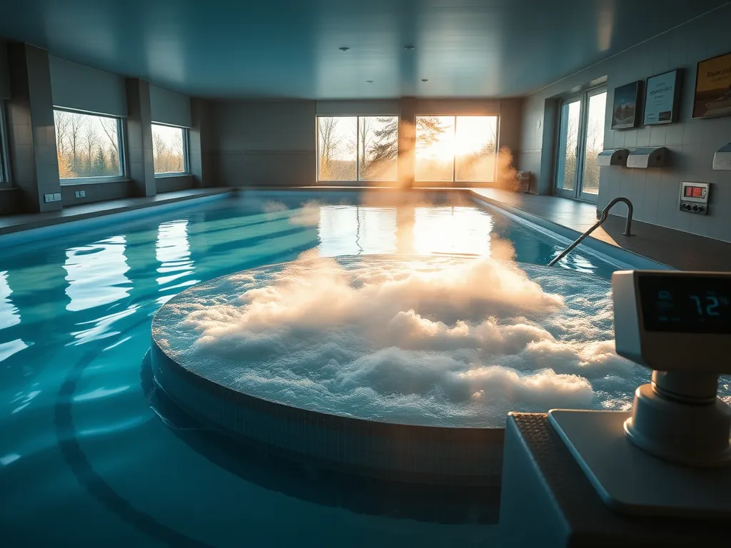 Indoor swimming pool with steam in winter, highlighting potential savings.