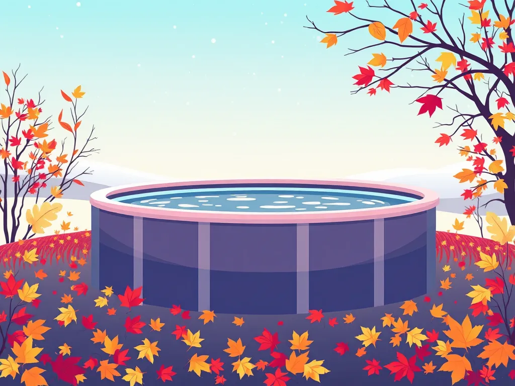 A winter scene with an above-ground pool surrounded by autumn leaves, illustrating the process of shutting down a pool for winter.
