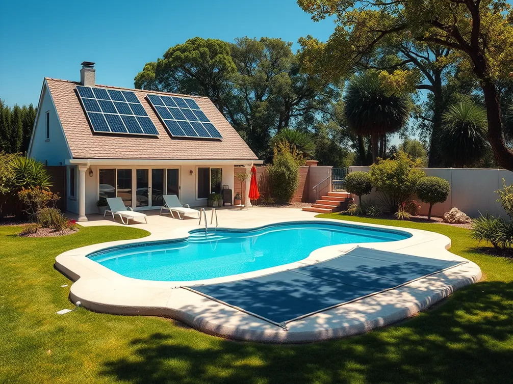 A well-maintained pool with solar panels, showcasing optimal heating temperature for winter use.