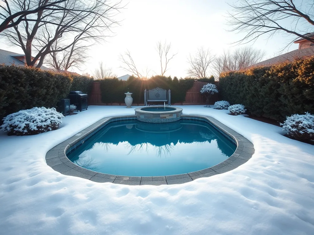 A serene winter pool surrounded by snow, showcasing the ideal temperature for winter swimming.