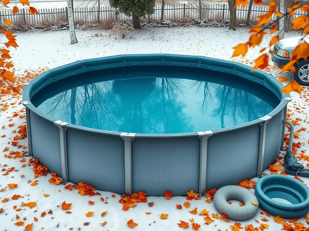 An above-ground swimming pool surrounded by fallen leaves and snow, illustrating winter pool shutdown.