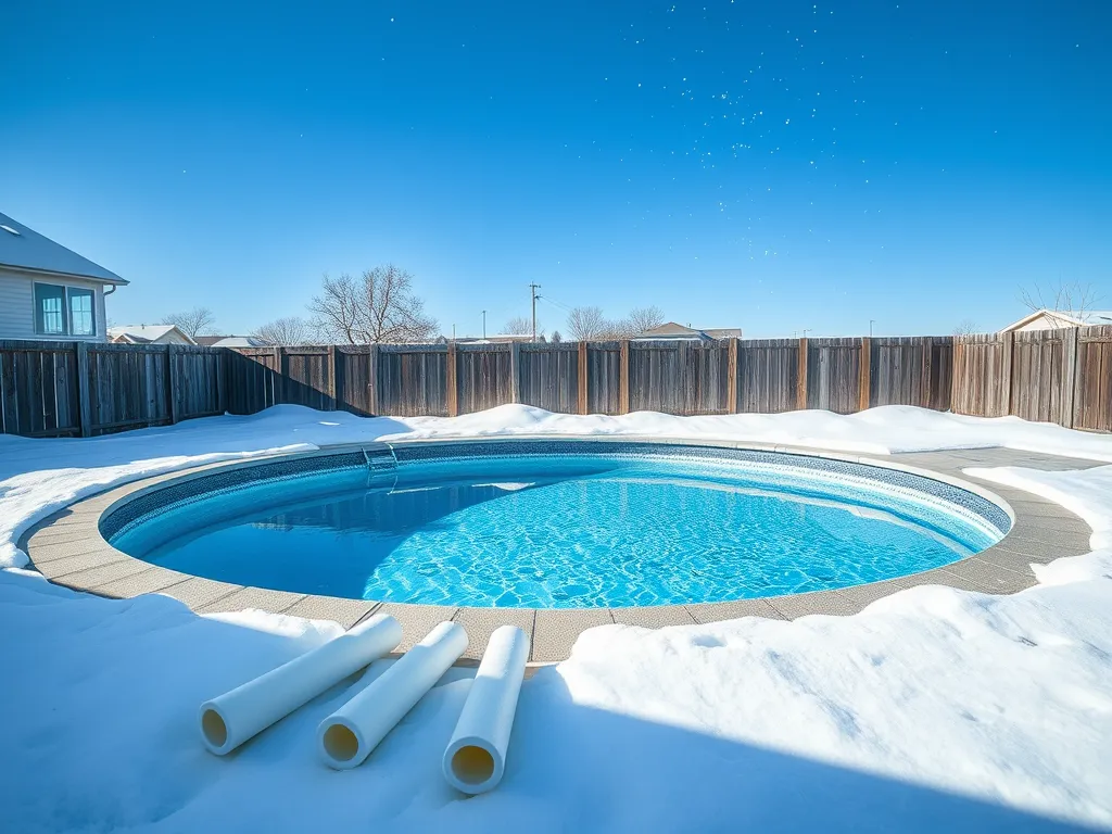 Above ground pool surrounded by snow ready for winterization
