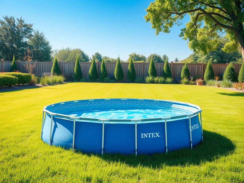 An above ground pool in a well-maintained backyard, ideal for winter preparation tips.