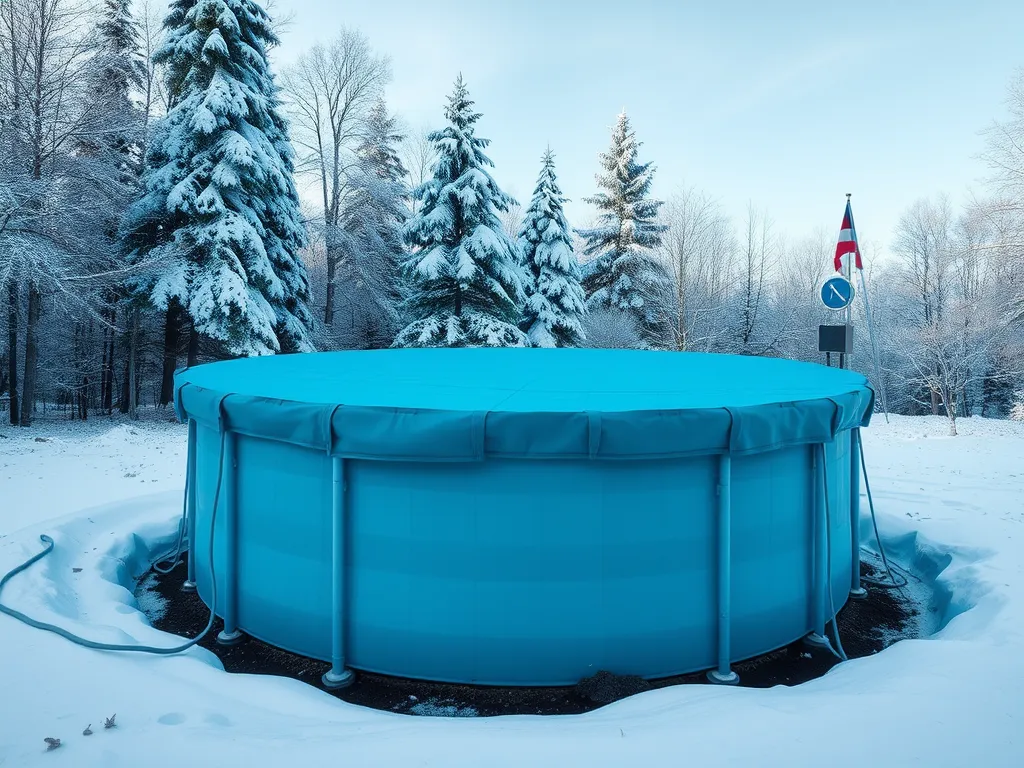 Above ground pool covered for winter in a snowy landscape, showcasing winterization for optimal maintenance.