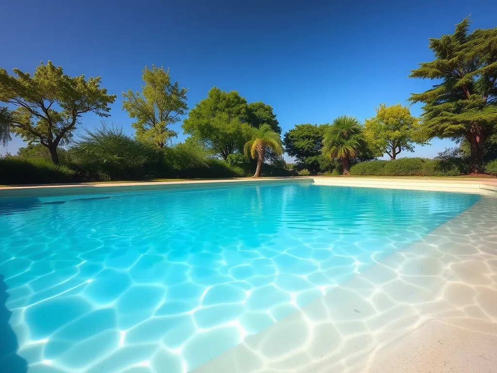 Above ground pool ready for winter preparation with clear water and surrounding greenery.